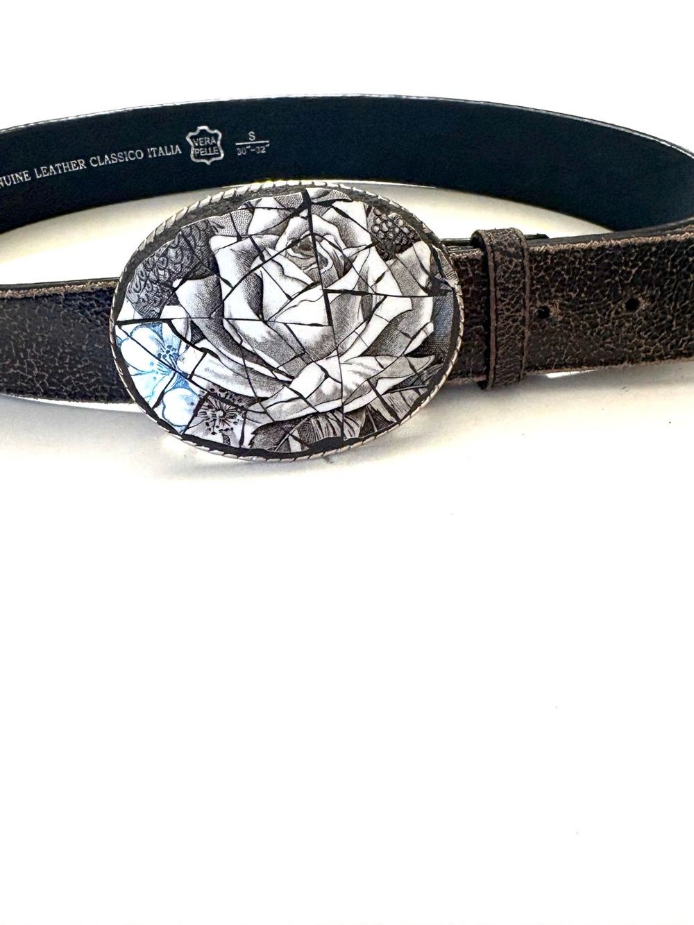VINTAGE ITALIAN BELT Buckle Oval Rose Mosaic and Leather Strap, Brown tones